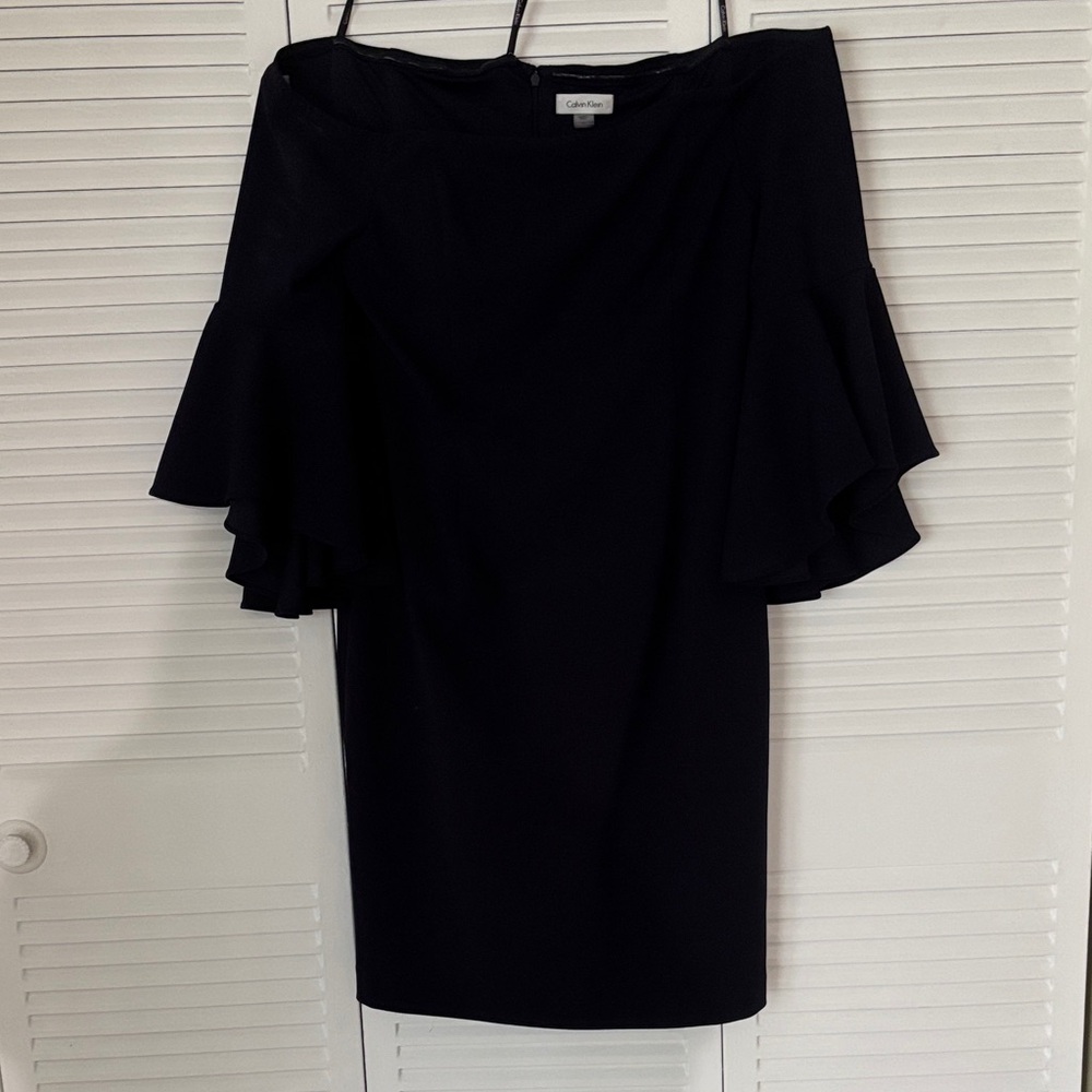 Calvin Klein Navy 3 Quarter Bell Sleeve Boat Neck Sheath Dress